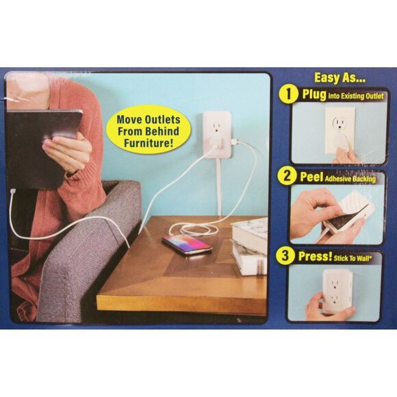 Presto Plug Outlet Extender 4' Cord 2 USB Ports Peel & Stick Surge Protection - Picture 7 of 7